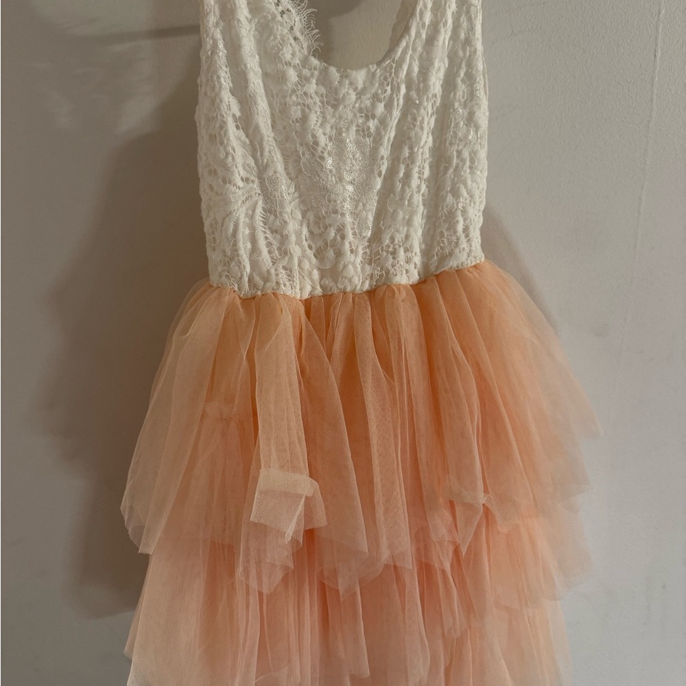 White and Peach Lace Tulle Dress